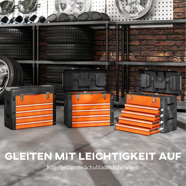 Geöffnete Werkzeugkiste mit Werkzeugen in Fächern