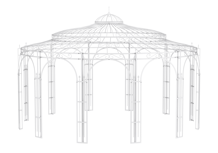 Pavillon ELEO Toskana Ø 5,5 m weiß - pulverbeschichtet | mit Dekorkugel und Sonnensegel ecru