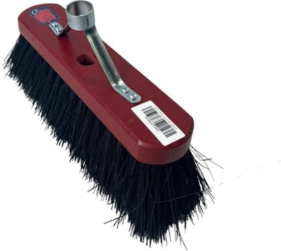 Besenkopf mit harten Kunststoffborsten, Holzkörper und Metallstielhalter.