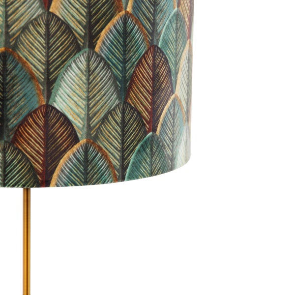 Lampenschirm aus Samt mit Blattmuster auf einem schmalen goldfarbenen Metallstiel.