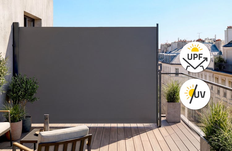 Ausziehbare Seitenmarkise als Sichtschutz und Sonnenschutz auf einer Terrasse mit Ultraviolett-Schutz.