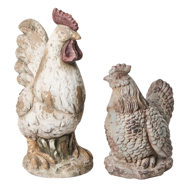 Gartenfiguren-Set bestehend aus Hahn und Henne in Steinoptik mit detailreicher Oberflächenstruktur und antikem Finish.