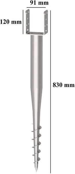 Einschraub-Bodenhülse mit U-Aufnahme aus Metall. Breite 91 Millimeter, Höhe der Aufnahme 120 Millimeter, Gesamtlänge 830 Millimeter.