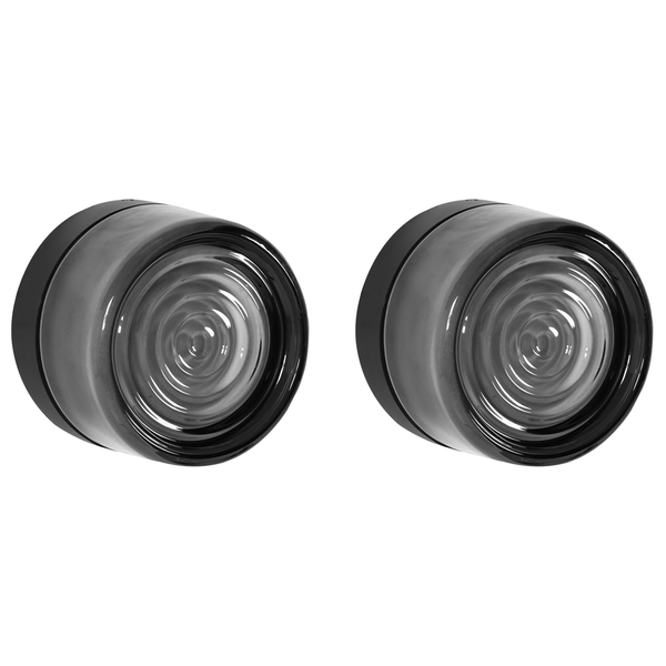 Zwei runde Wandleuchten mit strukturiertem Glas und dunklem Gehäuse.
