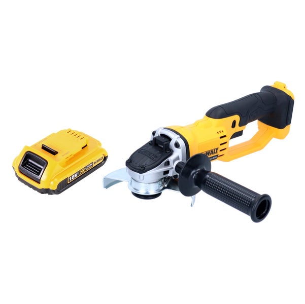 DeWalt Akku-Winkelschleifer 18 Volt XR mit Zusatzhandgriff und einem Akku.
