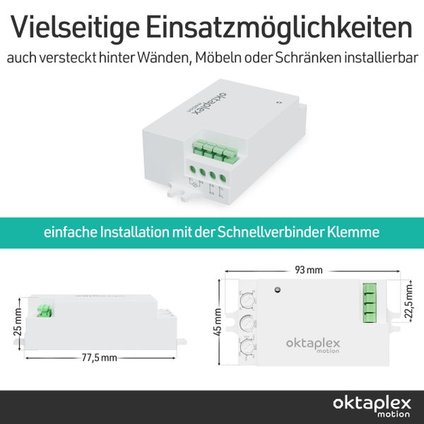 Oktaplex Bewegungsmelder mit Abmessungen und Anschlussdetails
