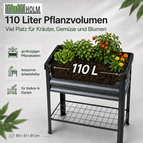 Trutzholm Hochbeet aus Metall mit 110 Liter Volumen für Kräuter und Gemüse inklusive Ablageboden in den Maßen 80 mal 51 mal 81 Zentimeter
