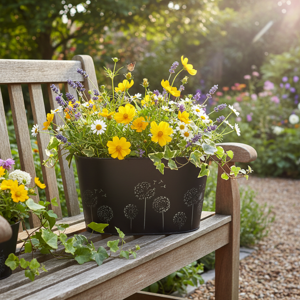 Schwarzer Metall-Blumentopf mit Pusteblumen-Design, bepflanzt mit bunten Sommerblumen auf einer hölzernen Gartenbank im hellen Garten.