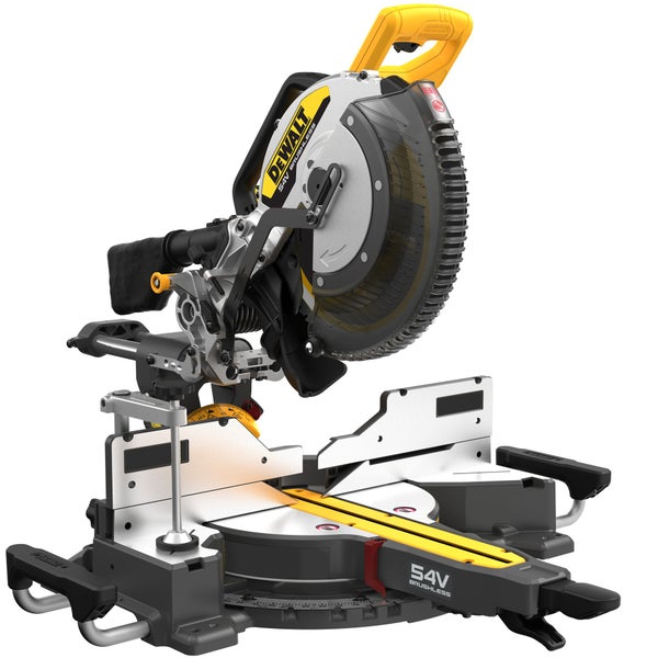 DeWalt Akku Kapp- und Gehrungssäge mit 54 Volt bürstenlosem Motor für präzise Holzschnitte im professionellen Bereich.