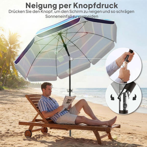 Sonnenschirm am Strand mit Neigefunktion per Knopfdruck, Detailansicht des Gelenks und Mann auf Holzliege.
