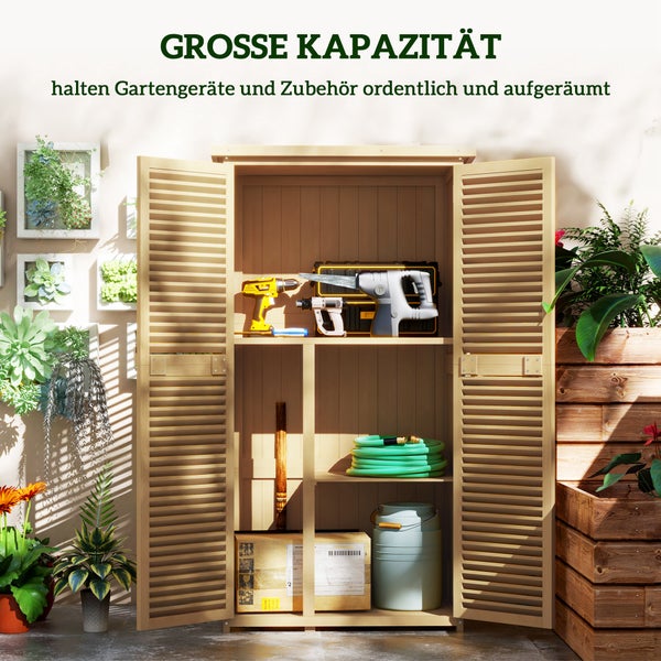 Offener Gartenschrank aus Holz mit Lamellentüren, befüllt mit Werkzeugen und Gartenschlauch für ordentliche Aufbewahrung im Außenbereich.