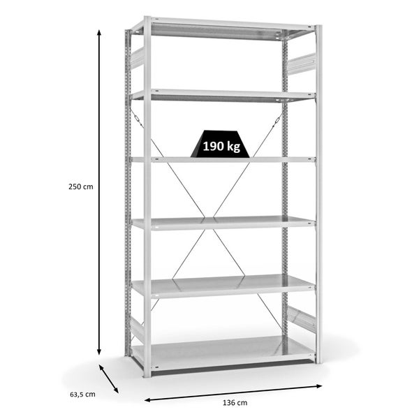 PROREGAL Fachbodenregal Stecksystem T-Profil Light-Duty Grundregal HxBxT 250 x 130 x 60 cm 6 Ebenen Fachlast 190 kg Einseitig Nutzbar Lichtgrau