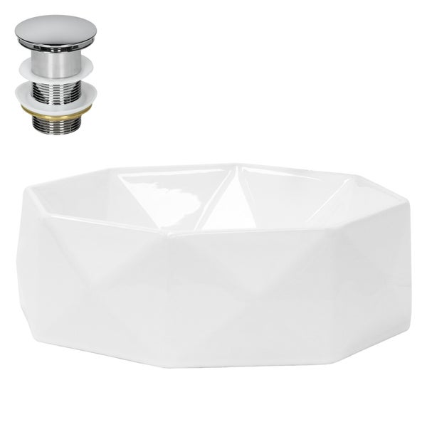 ML-Design Waschbecken Keramik Weiß glänzend Ø42x13,5 cm inkl. Ablaufgarnitur, Diamant Design, Aufsatzwaschbecken ohne Überlauf, Moderne Waschtisch Waschschale Waschplatz Handwaschbecken für Badezimmer