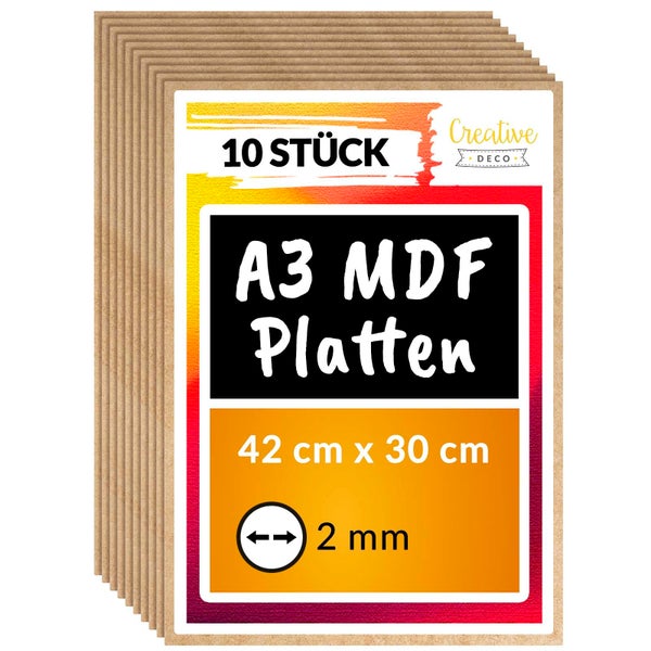10 Stück MDF-Platten im Format A3, Maße 42 Zentimeter mal 30 Zentimeter, Stärke 2 Millimeter. Creative Deco Logo.