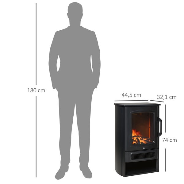 HOMCOM Elektrokamin mit Flammeneffekt, 1000 W/2000 W, 20–25 qm, 44,5x32,1x74 cm, Metall, gehärtetes Glas, Schwarz
