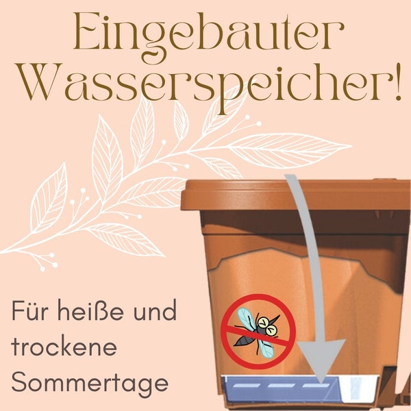 Blumenkasten mit integriertem Wasserspeicher für heiße Sommertage und Schutz vor Mücken.