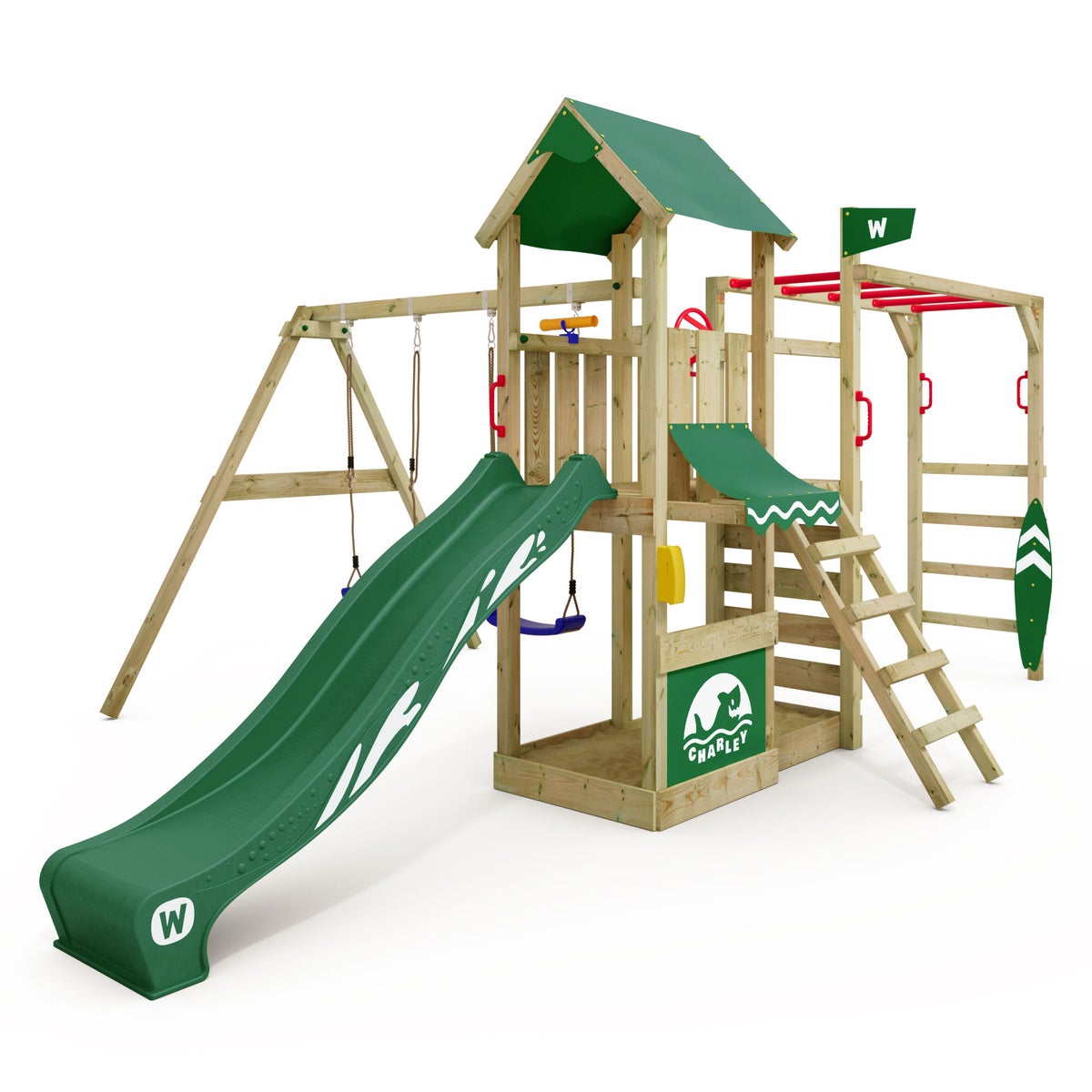 WICKEY Spielturm Klettergerüst Smart Baboon mit Schaukel und Rutsche, Kletterturm mit Sandkasten, Hangelleiter und Spiel-Zubehör - grün