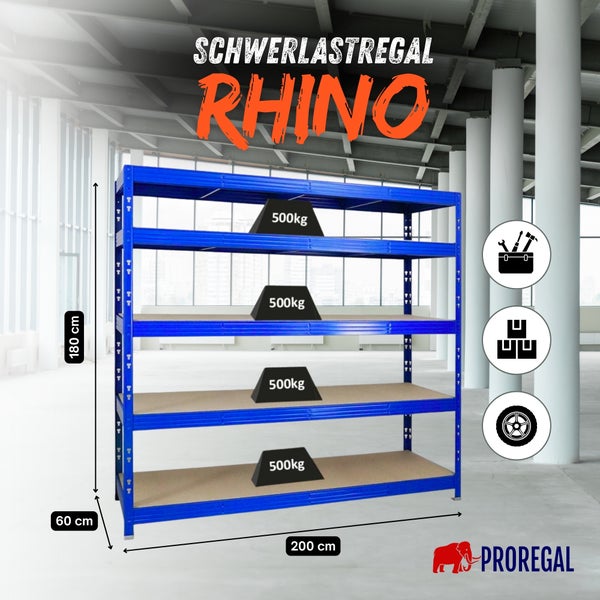 Blaues Schwerlastregal Rhino von PROREGAL, 180x200x60 Zentimeter, 500 Kilogramm Tragkraft pro Boden, für Werkzeug, Kisten und Reifen, PROREGAL Logo.