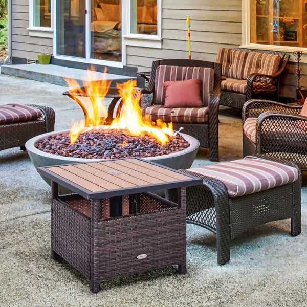 Outsunny Polyrattan Beistelltisch Gartentisch Terrassentisch Schirmständer für Sonnenschirm inkl. Sandsack Braun 55,5 x 55,5 x 46 cm