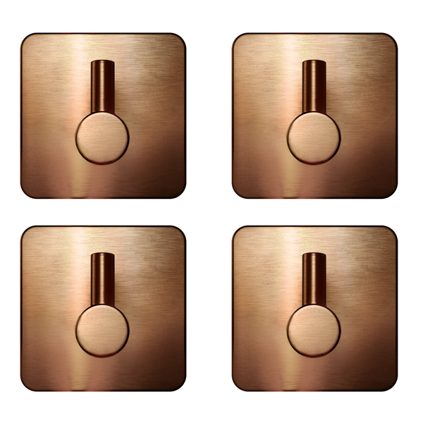 Set aus 4 quadratischen Wandhaken aus gebürstetem Edelstahl in Kupfer-Optik für Bad und Küche.