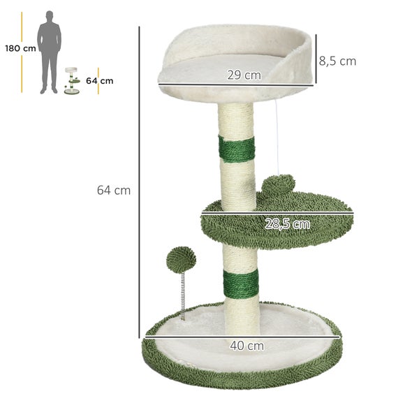 PawHut Kratzbaum Klein Kletterbaum, 64 cm Sisal- Katzenkratzbaum, Runder Katzenbaum mit Liegefläche, Spielball, Katzenmöbel für Katzen bis zu 4 kg, Weiß, Grün