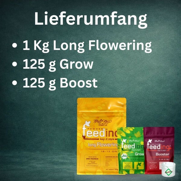 Lieferumfang: 1 Kilogramm Langzeitblüher, 125 Gramm Grow, 125 Gramm Boost