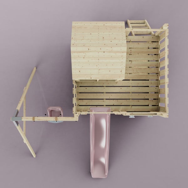 Spielhaus mit Rutsche und Basketballkorb aus Holz, Vogelperspektive