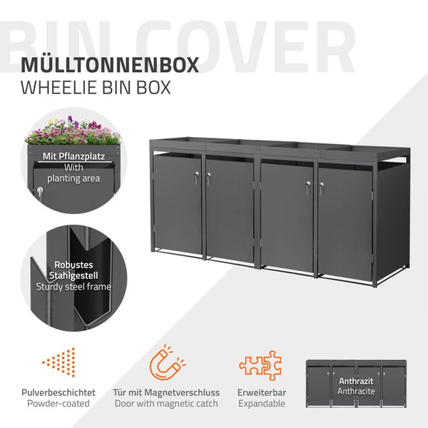 Anthrazitfarbene Mülltonnenbox für 4 Tonnen aus pulverbeschichtetem Stahl mit Pflanzdach und Magnetverschluss.