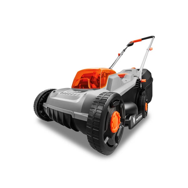 Elektrorasenmäher in Grau und Schwarz mit Fangkorb