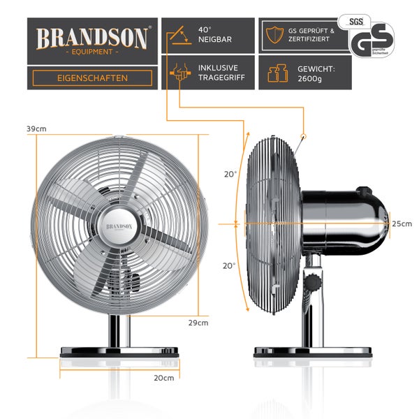 Brandson 30W Tischventilator Retro Style, Ventilator, Oszillation 80°, Neigungswinkel ca. 40°, 3 Geschwindigkeiten, Chrome Line