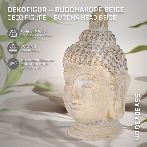 ECD Germany Buddha Figur 55 cm Beige/Grau, Kunststein Polyresin, Kopf Statue Skulptur Dekofigur Feng Shui Kunststeinfigur Dekoration Gartenfigur Asien Dekorationsobjekt Steinfigur, für Haus und Garten