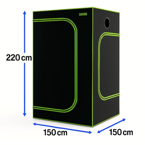 Growzelt mit den Maßen 220 cm Höhe, 150 cm Breite und 150 cm Tiefe.