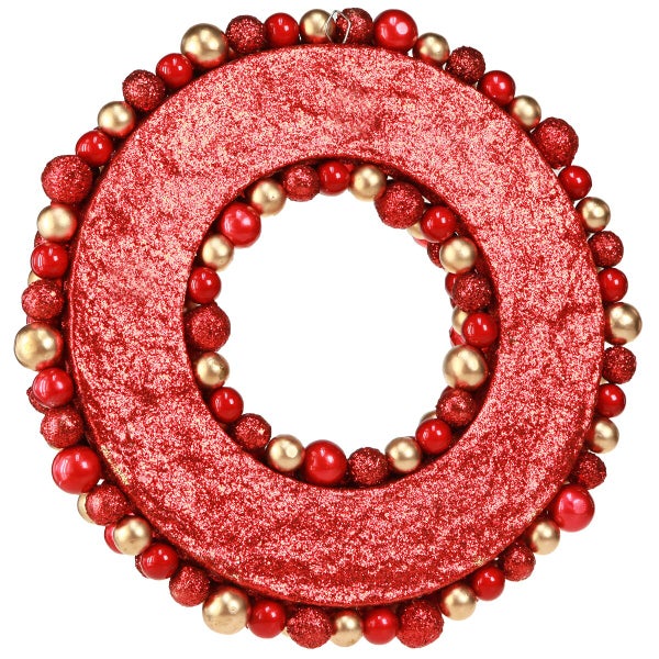 Weihnachtskranz aus glitzerndem Material, verziert mit zahlreichen kleinen Weihnachtskugeln in verschiedenen Texturen