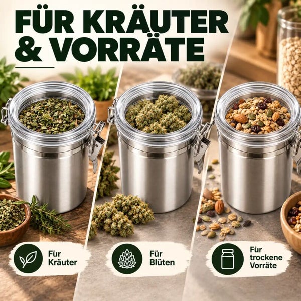 Drei Edelstahl Vorratsdosen mit Bügelverschluss zur Aufbewahrung von Kräutern, Blüten und trockenen Lebensmitteln wie Nüssen und Müsli.