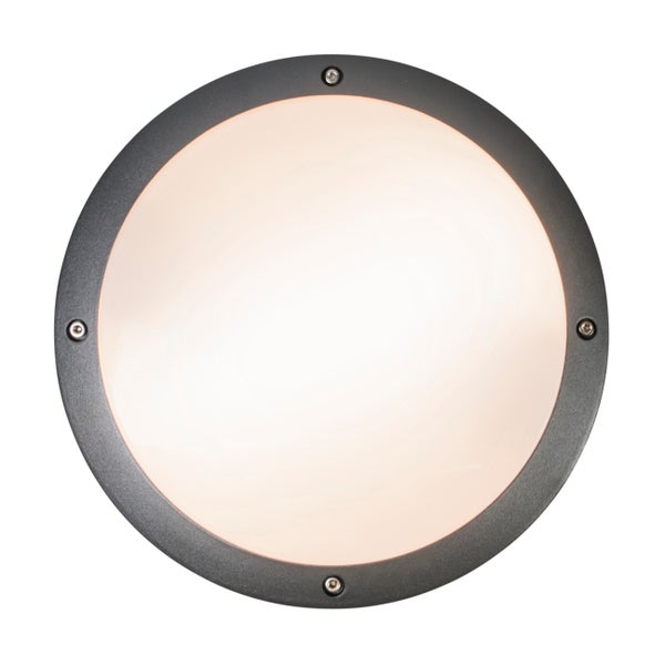 Runde Außenwandleuchte mit anthrazitfarbenem Rahmen und matter Kunststoffabdeckung.