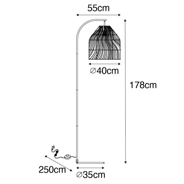 Technische Zeichnung einer Stehlampe mit den Maßen: Höhe 178 cm, Lampenschirmdurchmesser 40 cm, Ausladung 55 cm, Fußdurchmesser 35 cm, Kabellänge 250 cm.