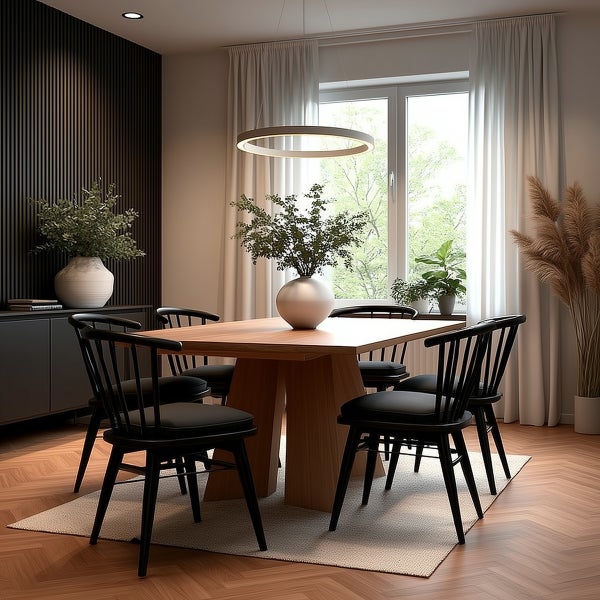 Helles Esszimmer mit Holztisch, Stühlen und dekorativen Elementen
