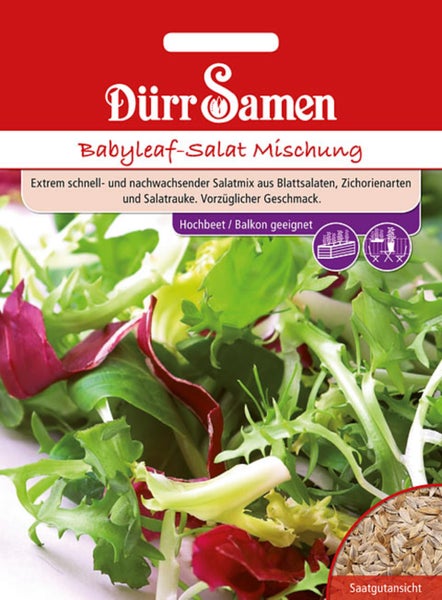 Dürr Samen Logo. Saatgutpackung Babyleaf-Salat Mischung, geeignet für Hochbeet und Balkon, mit Abbildung von Salatblättern und Saatgutansicht.