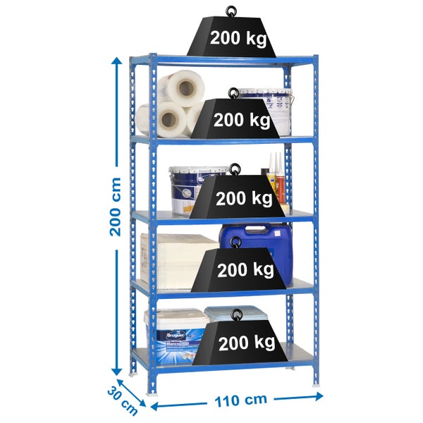 Schwerlastregal BIG METAL SHARK | HxBxT 200x110x30cm | Fachlast 200kg | Blau-Verzinkt