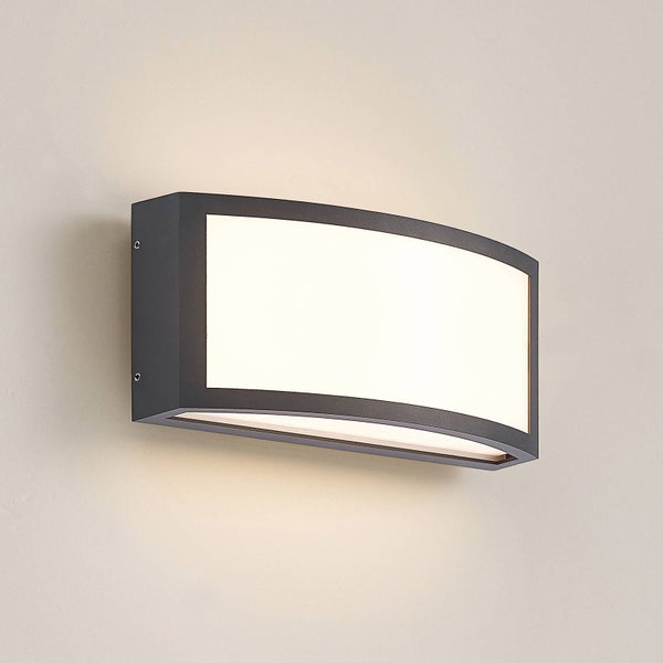 Moderne rechteckige Außenwandleuchte aus Metall mit gewölbtem weißem Diffusor, Anthrazit.