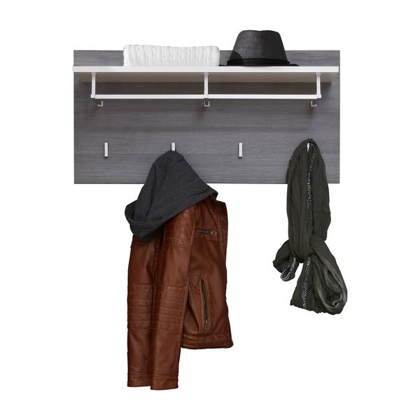 Wandgarderobe mit Ablageboden, Kleiderstange und vier Haken in dunkler Holzoptik.