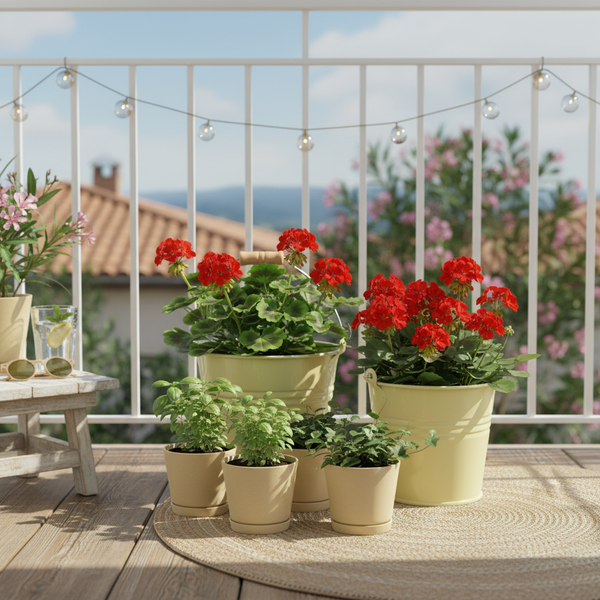 Balkon mit roten Geranien in Metalleimern, Kräutern in Töpfen, einem runden Juteteppich, weißem Geländer und einer Lichterkette.