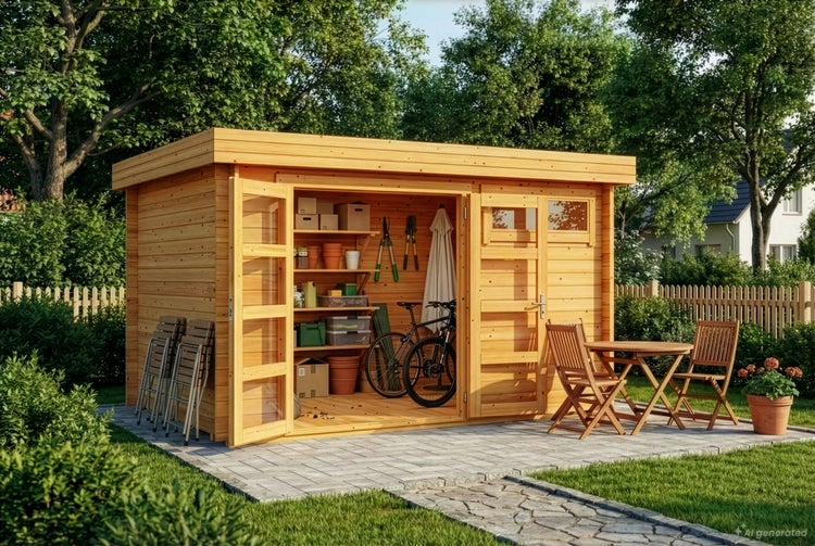 Gartenhaus aus Holz mit Flachdach, offener Tür, Regalen, Fahrrad und Sitzgruppe im Garten.