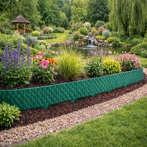 Gartenszene mit Rasen, Blumen, Teich, Gartenhaus und einem grünen Rasenkantenband.