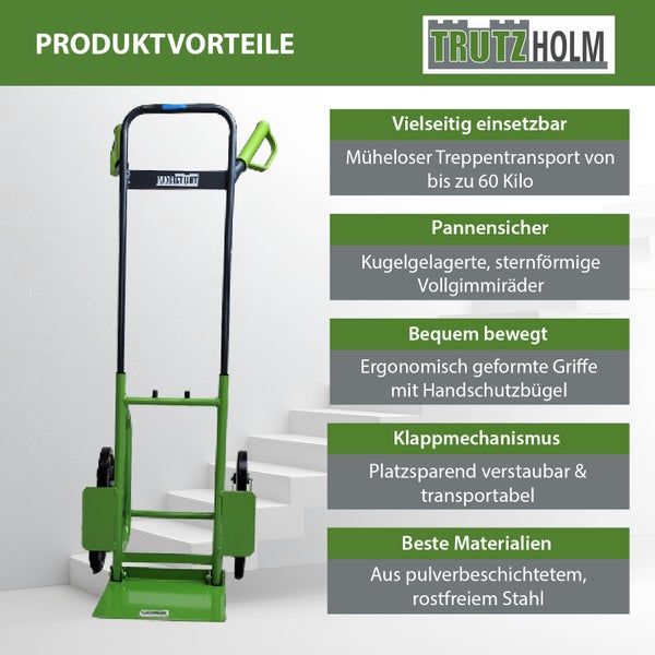 Trutzholm Treppenkarre mit Sternradanordnung fuer muhelosen Treppentransport bis 60 Kilogramm mit ergonomischen Griffen und Klappmechanismus.