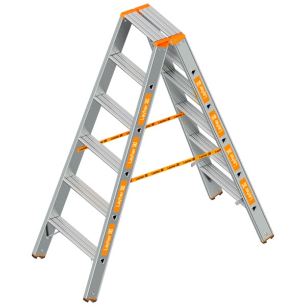 Layher Aluminium-Doppelstufenleiter beidseitig begehbar mit sechs Stufen und Spreizsicherung.