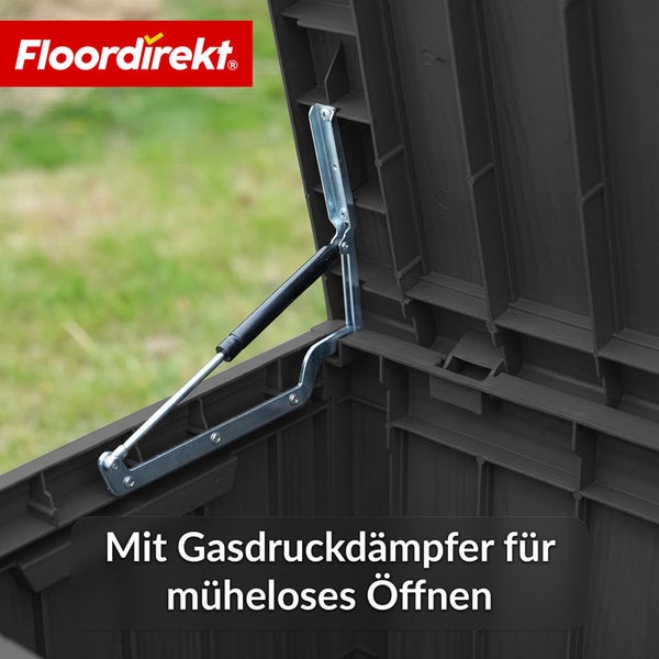 Detailansicht einer Aufbewahrungsbox mit Gasdruckdämpfer für einfaches Öffnen