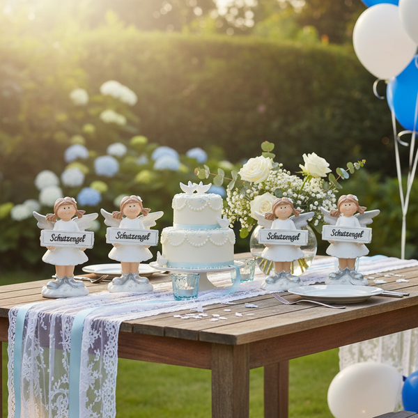 Festlich gedeckter Holztisch im Garten mit vier Schutzengel-Figuren, zweistöckiger Torte, Blumenstrauß und hellblauen Dekoelementen.
