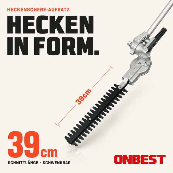 Heckenschere-Aufsatz von ONBEST mit 39 Zentimeter Schnittlänge, schwenkbar. ONBEST Logo.