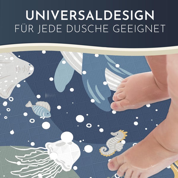 Duschmatte mit Universaldesign und Unterwassermotiven für jede Dusche geeignet.